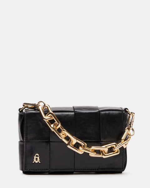 Women's Black Oversized Weave with Gold Chain Shoulder Bag