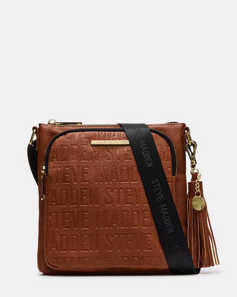 Steve Madden Crossbody Bag Purse Cognac Brown Vegan Leather With Gold  Accents