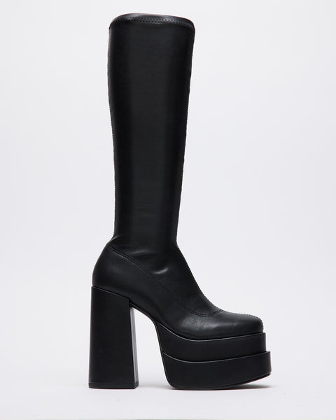 Black Leather Ladies 70's Era boots w Vintage Floral Pattern, 4 Black  Platform Heel *65 Days Shipping