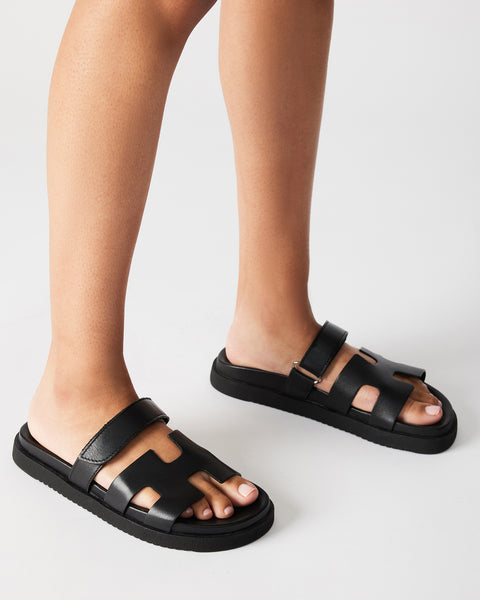 MAYVEN Black Leather Flatform Slide Sandal | Women's Sandals