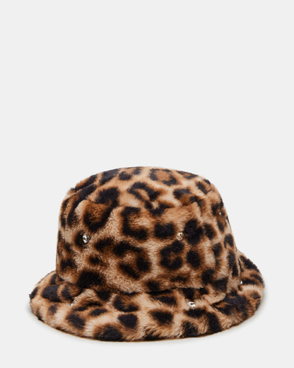 FAUX FUR BUCKET HAT LEOPARD RHINESTONES