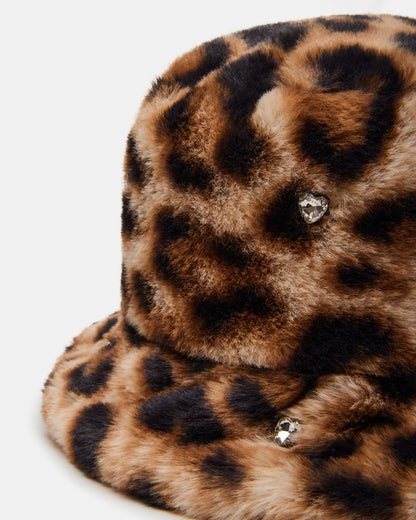 FAUX FUR BUCKET HAT LEOPARD RHINESTONES