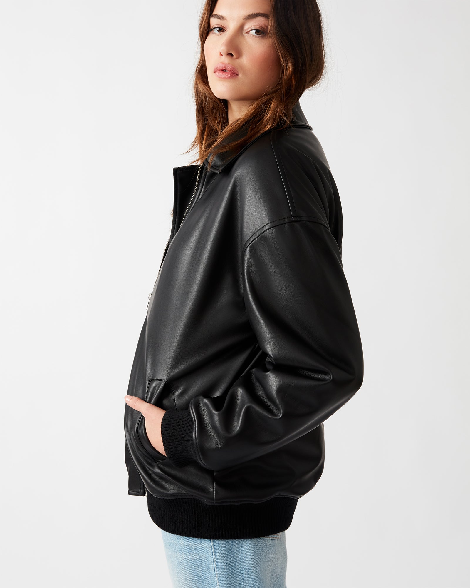 FIORELLA Jacket Black | Women's Faux Leather Bomber Jacket – Steve Madden