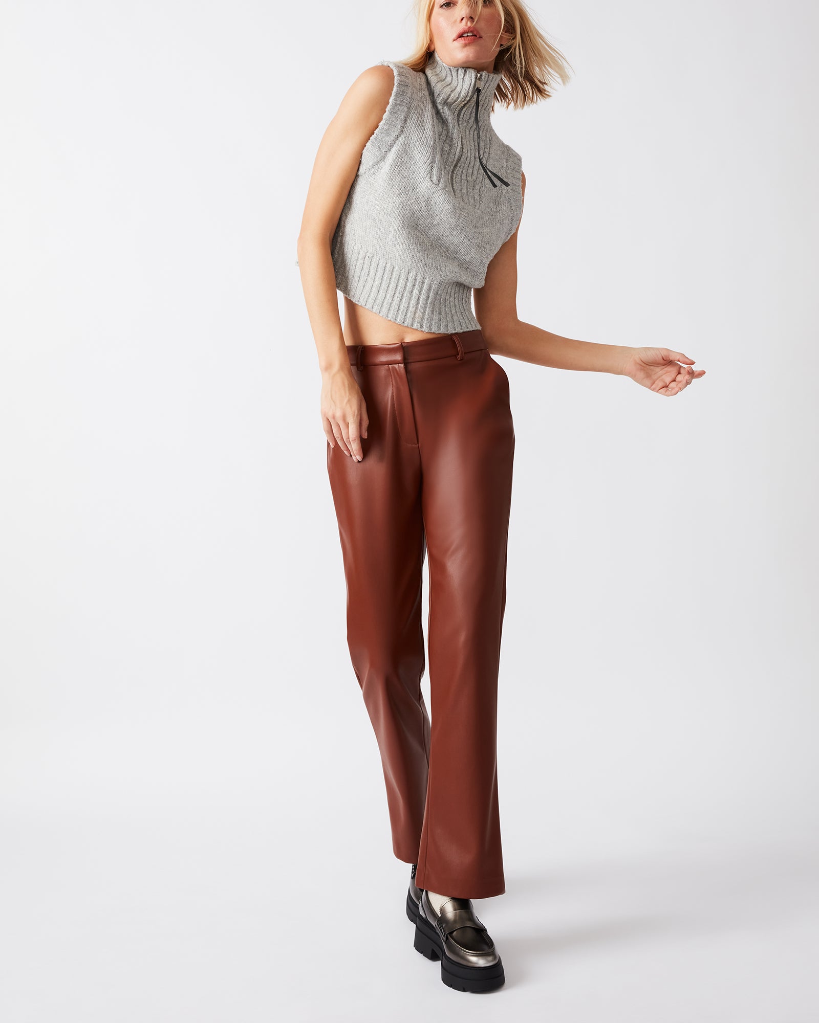 Womens Cognac Brown Straight Leg Leather Pants - High Waist