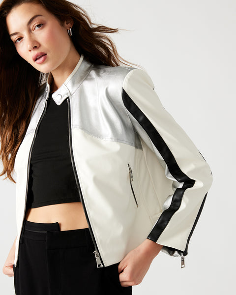 HELAYNA Jacket Silver | Women's Faux Leather Moto Jacket – Steve Madden
