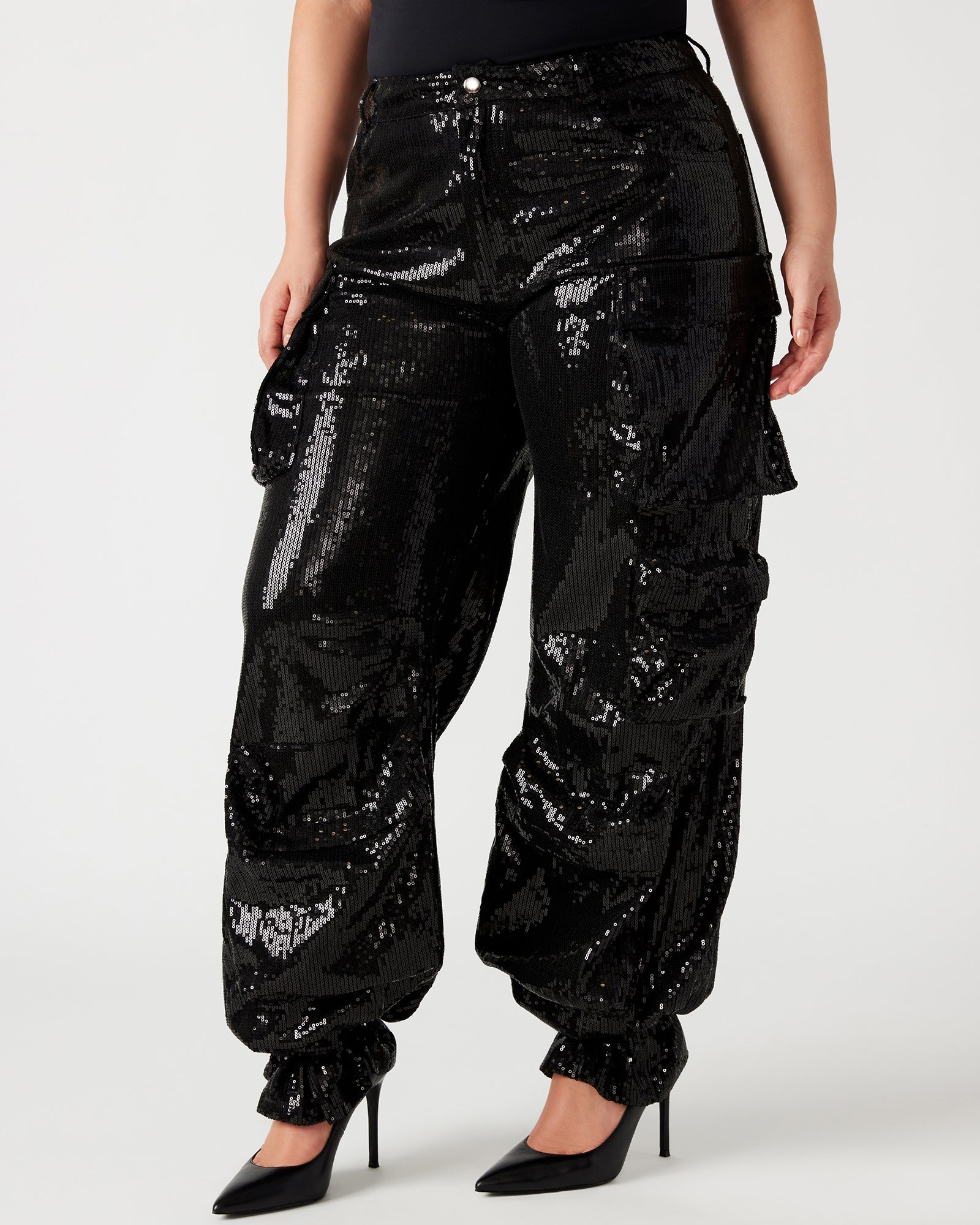 DUO Sequin Pant Black | Women's Utility Sequin Cargo Pants – Steve Madden