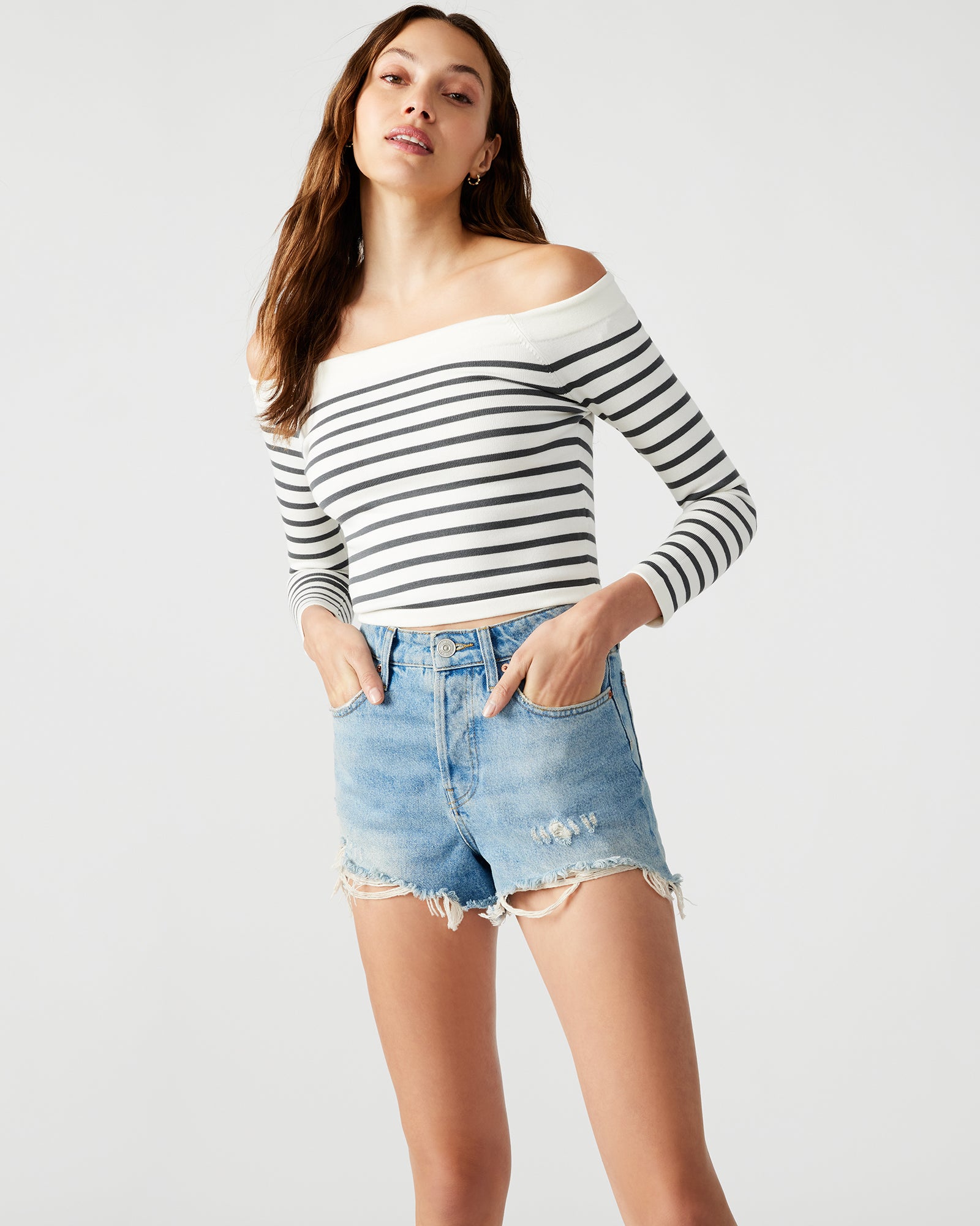 RESSI Sweater White/Black | Women's Cropped Striped Sweater Top