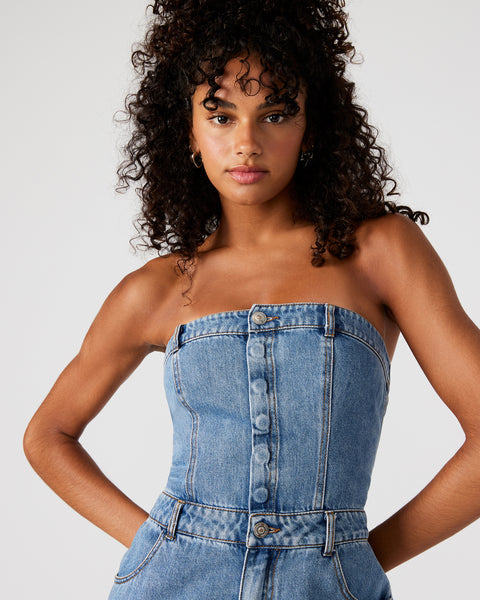 DUO Denim Jumpsuit | Women's Strapless Cargo Jumpsuit – Steve Madden