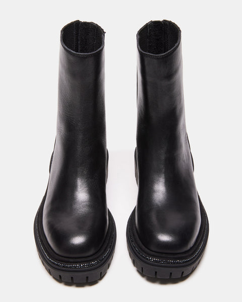 BRACED Black Leather Lug Sole Ankle Bootie | Women's Booties – Steve Madden