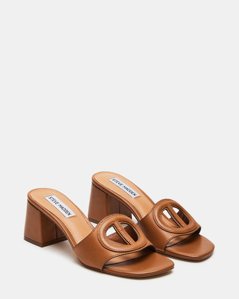 BREVITY Cognac Leather Square Toe Block Heel Mule | Women's Heels ...