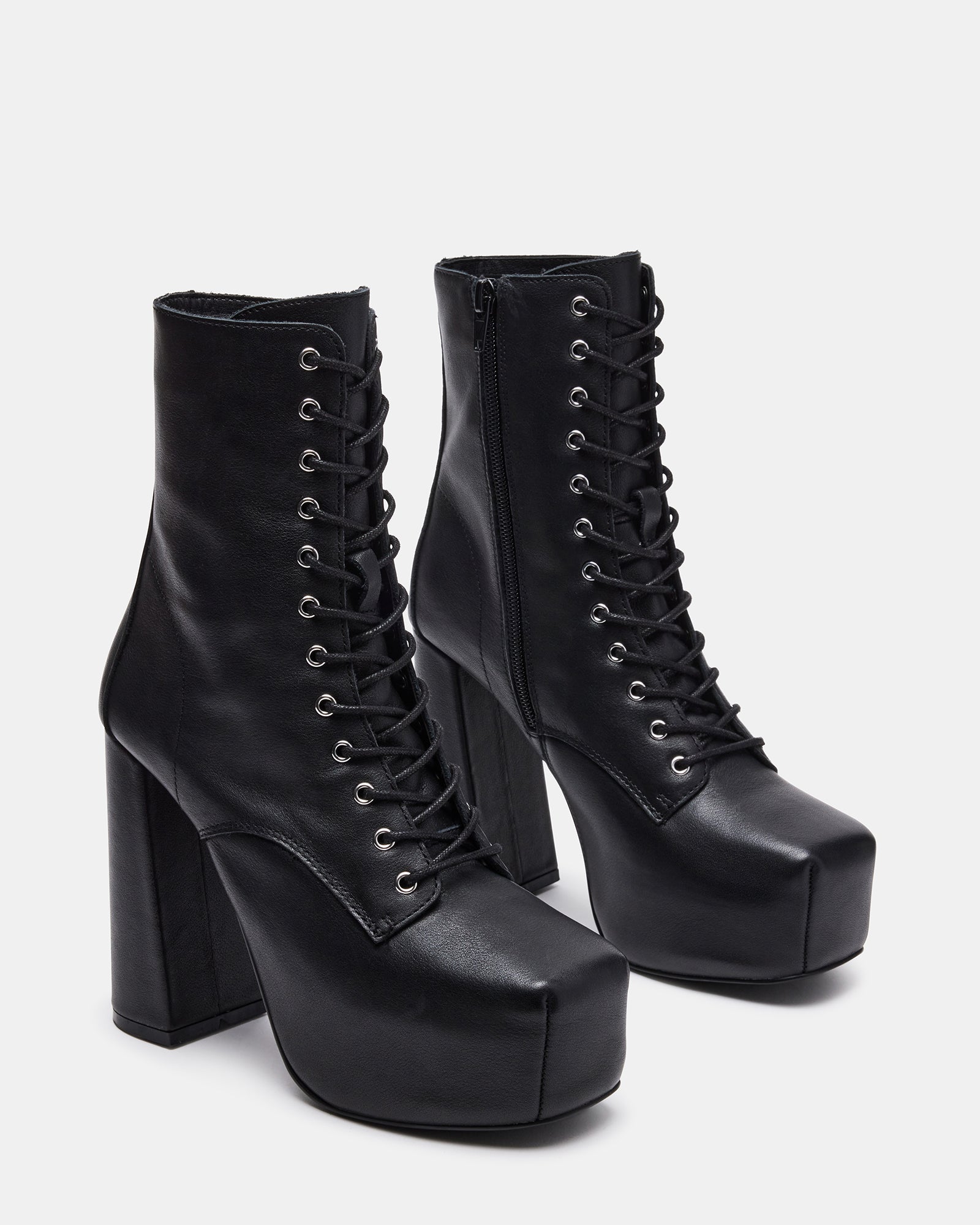 CONFIDENT Black Leather Lace-Up Ankle Bootie | Women's Booties – Steve ...