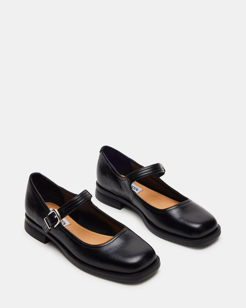 DELANCY Black Leather Mary Jane | Women's Flats – Steve Madden