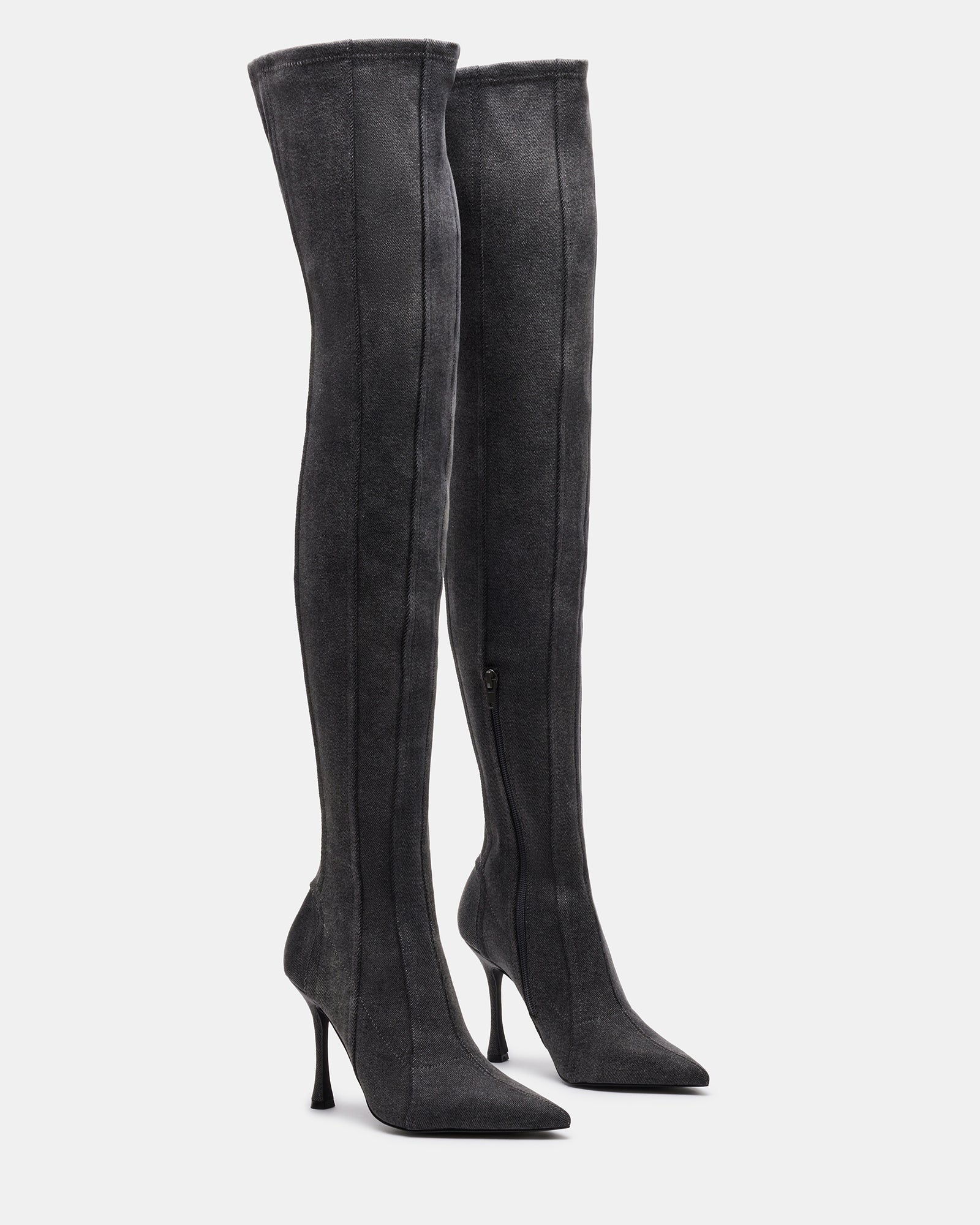 JAZLYN Black Denim Pointed Toe Thigh High Boot | Women's Boots – Steve ...