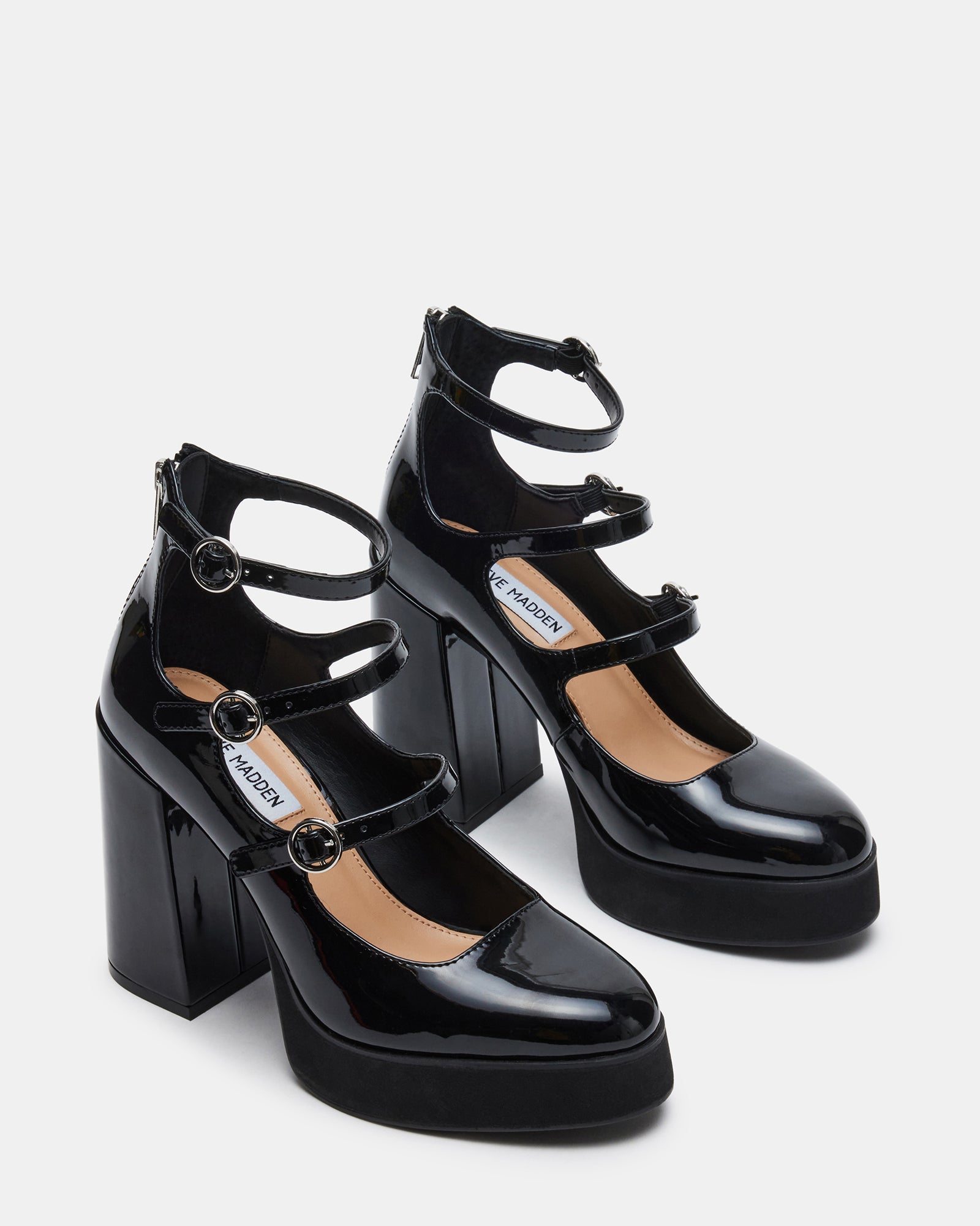 QUAD Black Patent Strappy Platform Mary Janes | Women's Heels – Steve ...