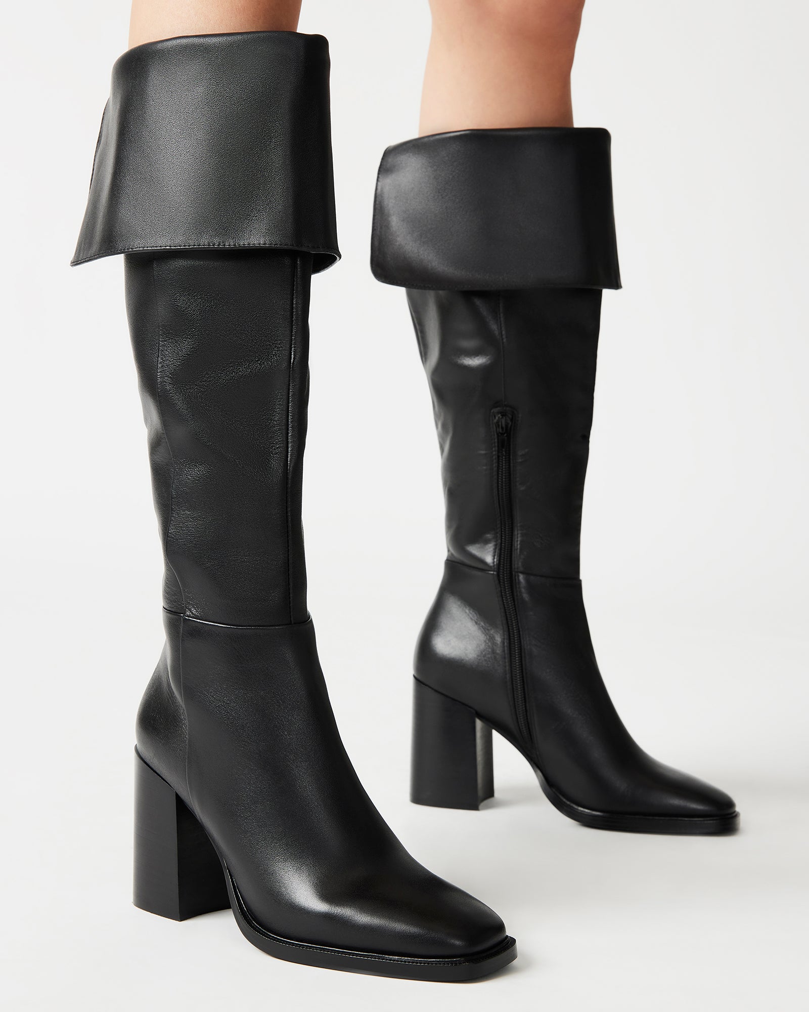 SIERRA Black Leather Block Heel Knee High Cuffed Boot | Women's Boots ...