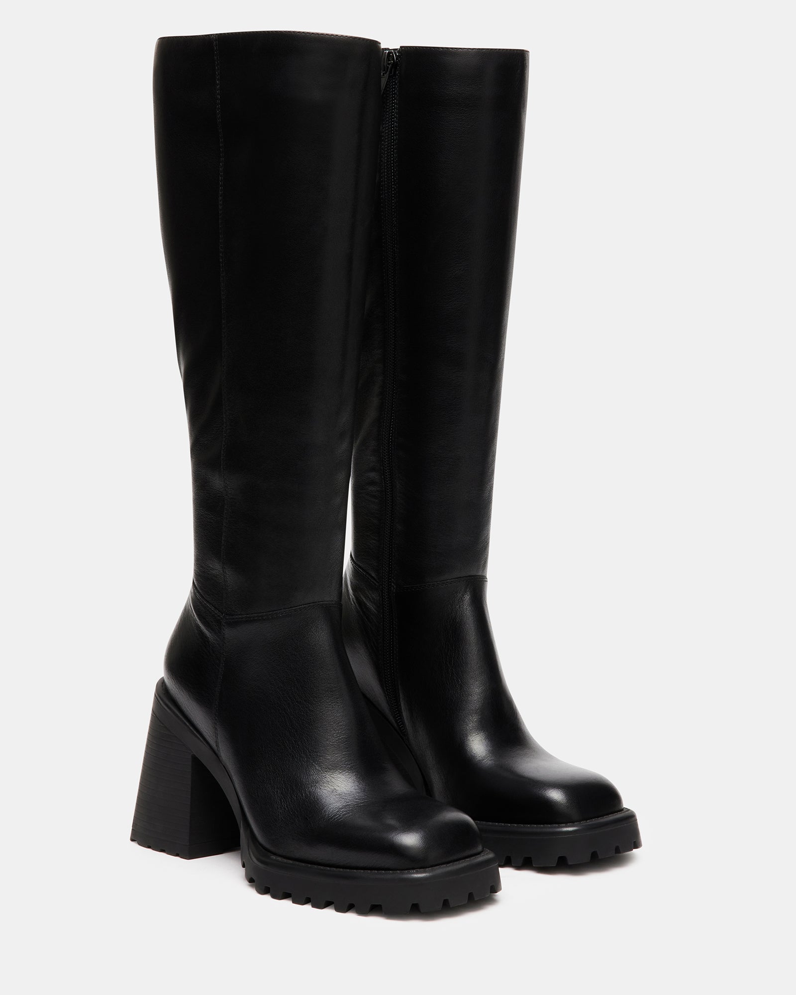 VIOLET Black Leather Knee High Block Heel Boot | Women's Boots – Steve ...