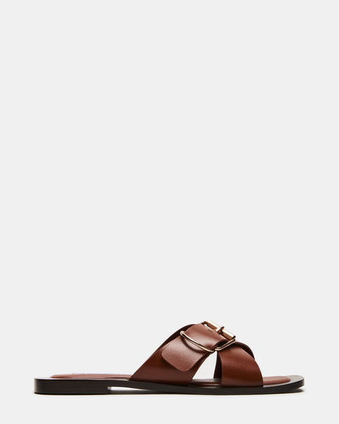 ZARIA Tan Leather Square Toe Slide | Women's Sandals – Steve Madden