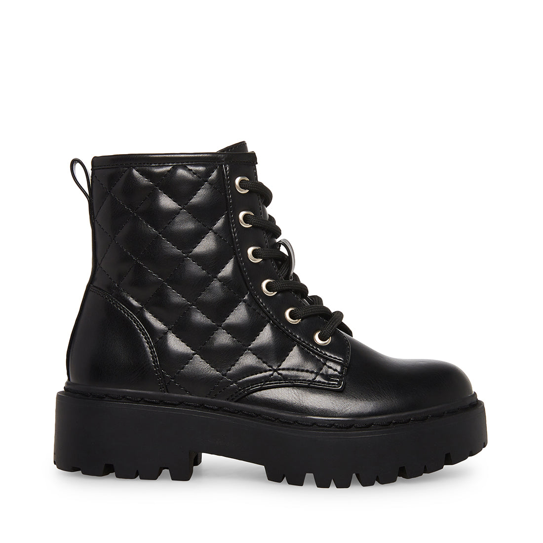 Steve Madden Bewilder lace front chunky heeled boots in black leather | ASOS