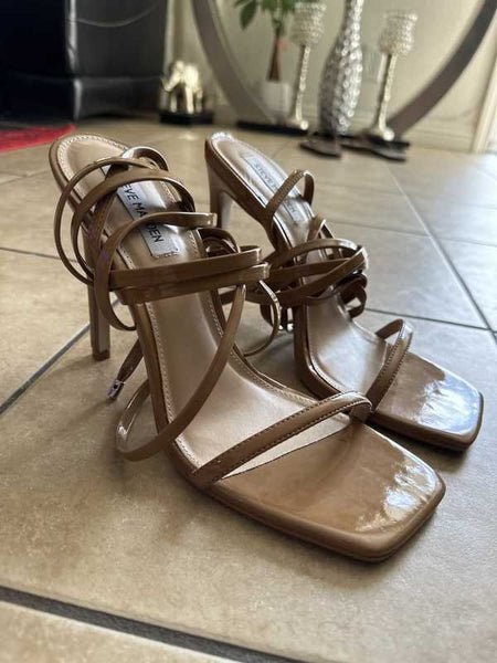 Camel Square Toe Crossover Strappy Heeled Sandals | PrettyLittleThing USA